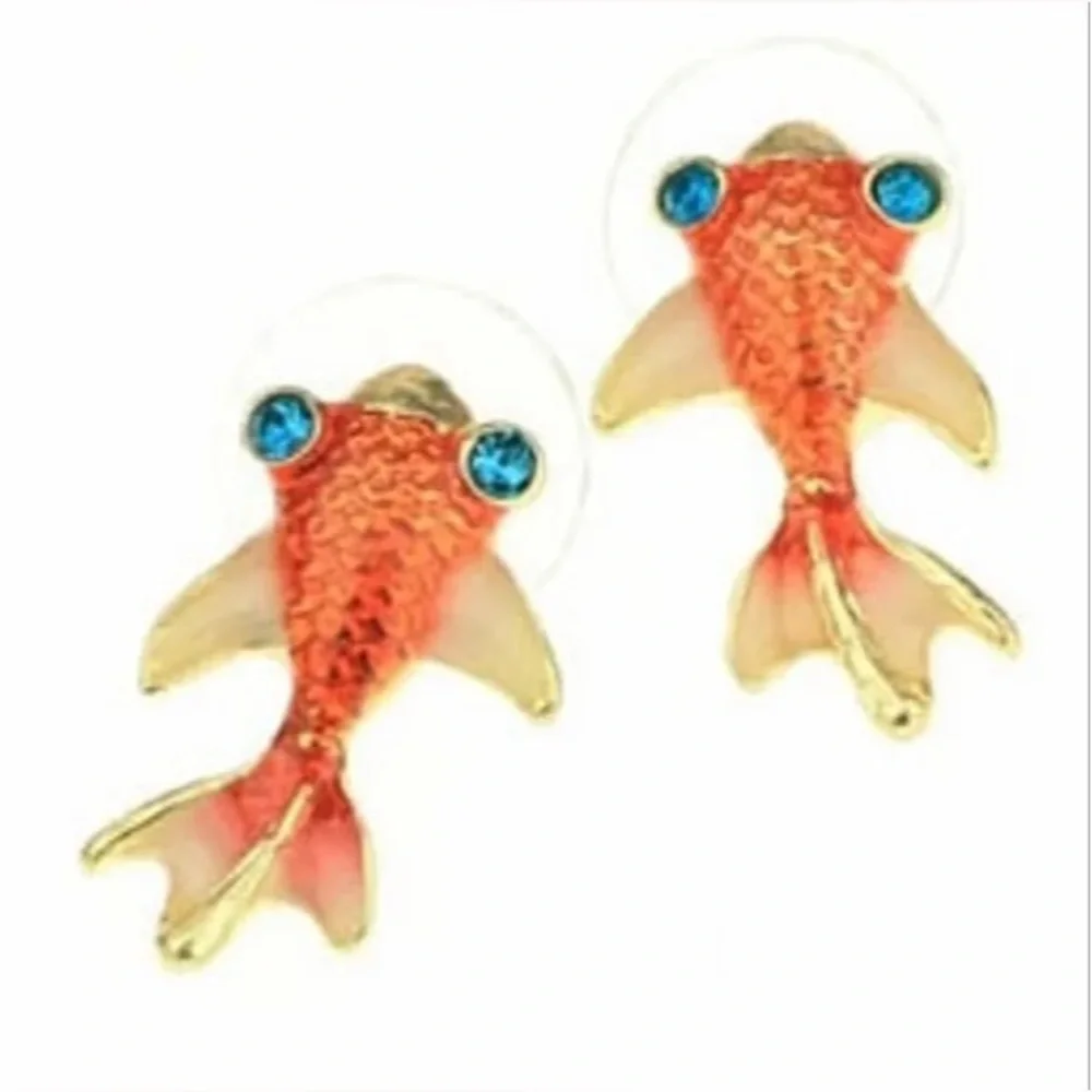 “Goldfish” Orange Scaly Blue-Eyed Rhinestone Fish Ocean Dainty Mini Cutesy Studs - Picture 2 of 10